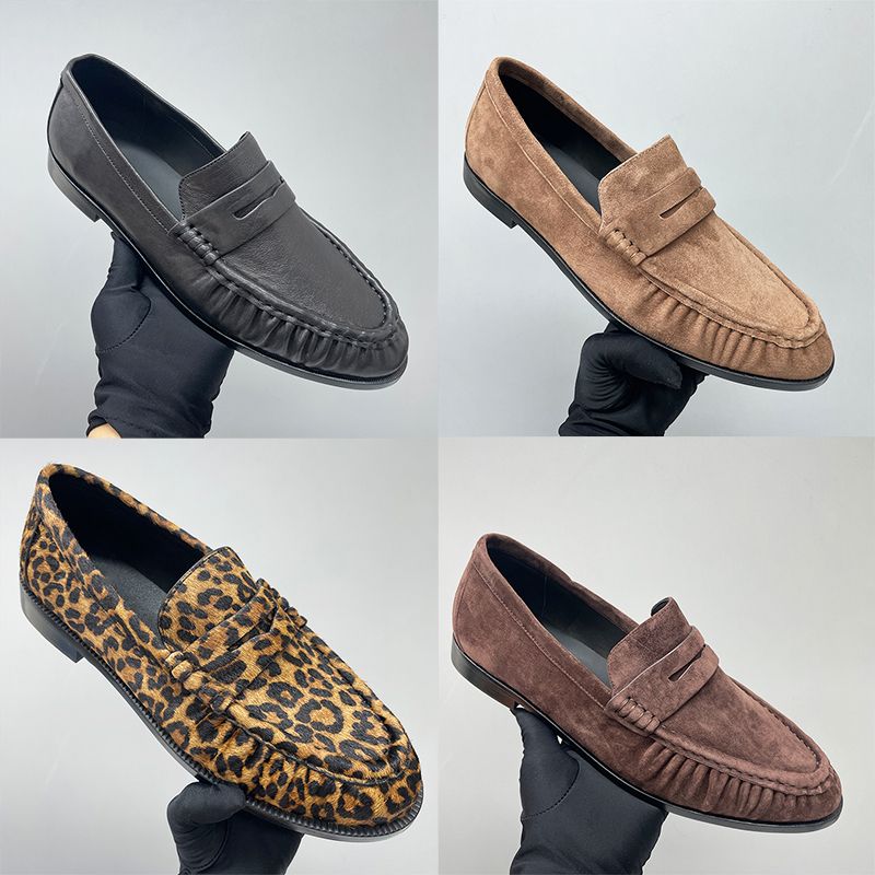 10A Designer Pleated Penny Loafers For Men Women Genuine Leather Le Loafer Mules Slippers Creased Suede Flat Shoes Large Size EU47 Dress Shoes 1137 - 2 of 8
