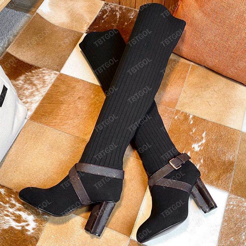2026 Women Designer Boots Over The Knee Sock Boot Winter Socks Long Boot Adjustable Straps Canvas Zipper Laces Original Shoes Ladies Girls Sexy Knee High Boot 335 - 2 of 8