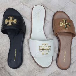Designer Shoes Eleanor Metal Logo Decor Slide Slippers Women Rhinestone Flat Open Toe Slip On Sandals Summer Beach Casual Outdoor Daily Shoes - guangzhoubuy