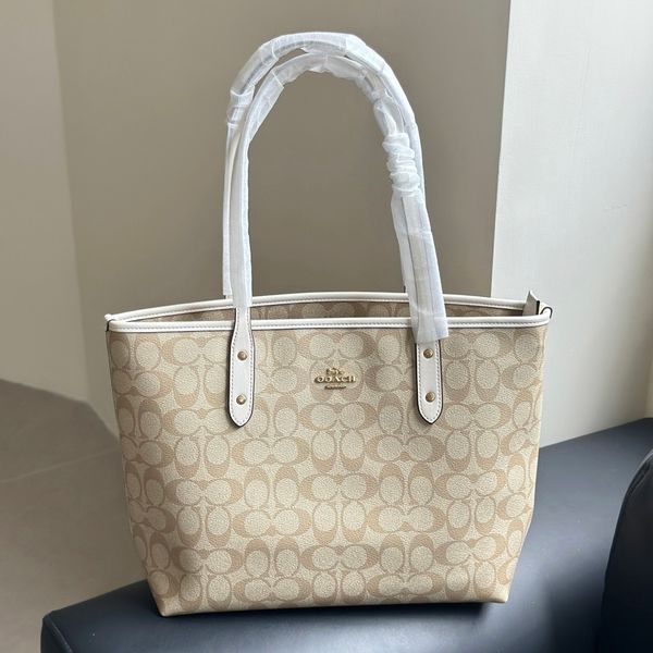 Women's Beige Classic Signature Tote Bag Top Handle Large Capacity White Trim Gold Hardware Zipper Closure Casual Handbag For Work Commute Shopping Travel - Bags, Luggage & Accessories - guangzhoubuy