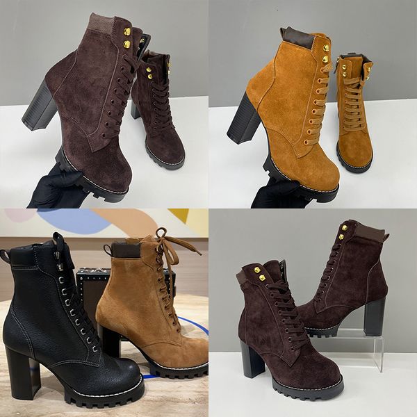 2026 Luxury Star Trail Ankle Boots Premium Women's Suede Calf Leather High-Heel Boot Camel Brown Chunky Block Heels Trendy Winter Footwear 1178 - Shoes & Accessories - guangzhoubuy