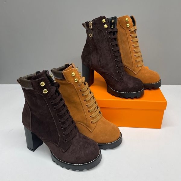 Star Trail Ankle Boots New Women Designer brown Suede Calf Leather High Heel Lug Sole Lace Up Combat Booties Winter Warm Shoes Large Size EU42 1178 - Shoes & Accessories - guangzhoubuy