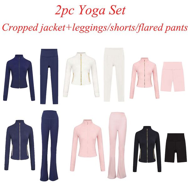 2Pc Gym Set Cropped Jacket Gym Clothe Woman Crop Jacket Women Leggings Run Short Workout Outfits Fitness Leggings for Woman Designer - Sports & Outdoors - guangzhoubuy