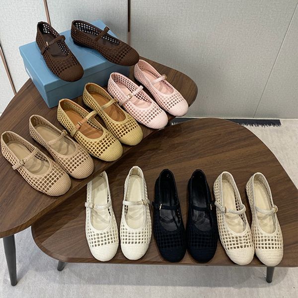 2026 Designer Crochet Knit Hollow Out Ballerina Flats Women Woven Mesh Mary Jane Shoes Triangle Breathable Adjustable Ankle Strap Casual Flat Pumps 1138 - Shoes & Accessories - guangzhoubuy