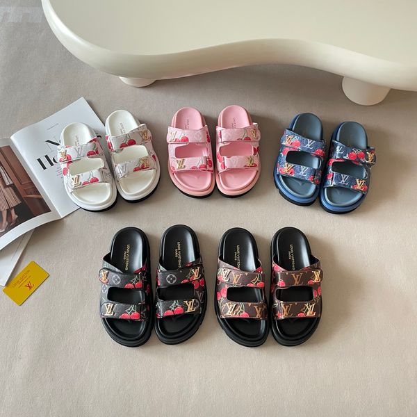 LV x TM Pool Pillow Flat Mule Cherry Print Platform Slide Sandals Women Adjustable Double Strap Metal Thick Sole Casual Outdoor Beach Couple Slippers Multiple colors - Shoes & Accessories - guangzhoubuy