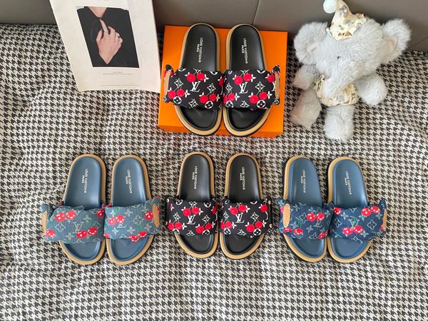 LV x TM Murakami Cherry Maya Sunset Flat Comfort Sandal Strap Platform Slide Sandals for Women Comfort Outdoor Beach Vacation Casual Slippers Multiple colors - Shoes & Accessories - guangzhoubuy